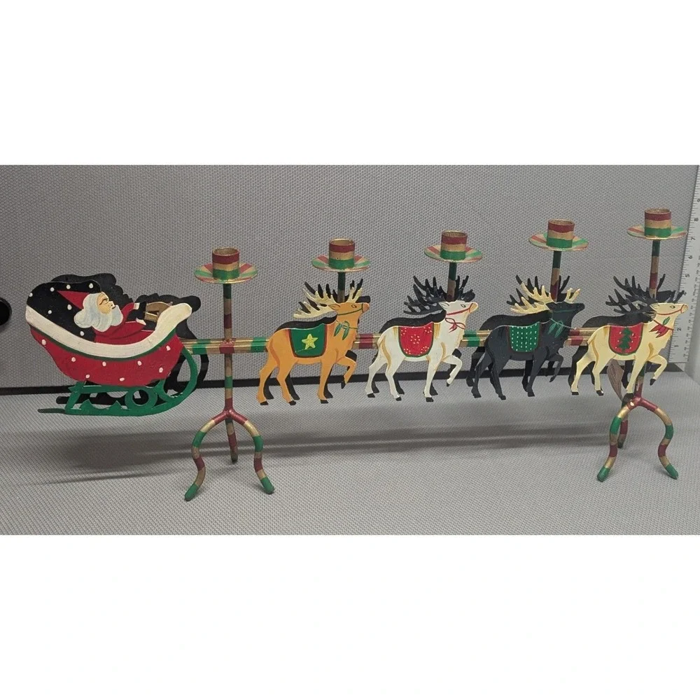 VTG Santa Sleigh Reindeer Metal Candle Stand Christmas Decor Husna Imports 5084